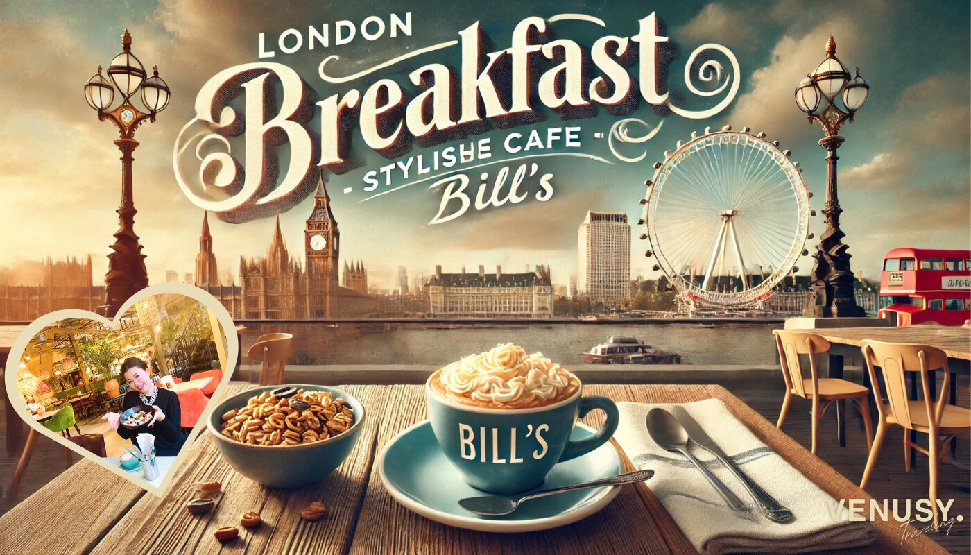 ロンドンのおしゃれなカフェ『Bill's』の朝食テーブルセッティング。カプチーノとフルーツたっぷりのグラノーラが並ぶテーブル、背景にはロンドンアイが見える写真とグラノーラを持つブロガーの写真