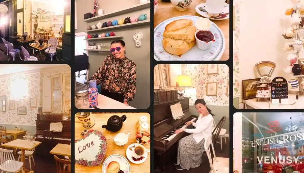 ロンドンスコーン：イングリッシュローズの笑顔がキュートな店員さん・店内の様子＆店内にあったピアノを楽しむヴィナぽ♡