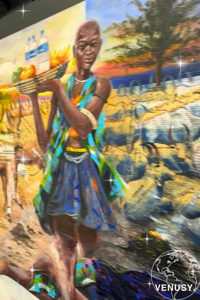 大阪万博コモンズDに展示された、果物や水を運ぶ女性を描いたアフリカンスタイルの壁画アート