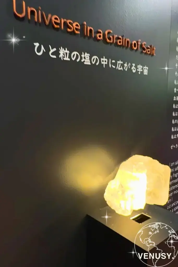 大阪万博2025コモンズDのパキスタンパビリオンで展示された、黄色いライトに照らされたピンクソルトの空間。癒しと温かみを感じる幻想的な雰囲気