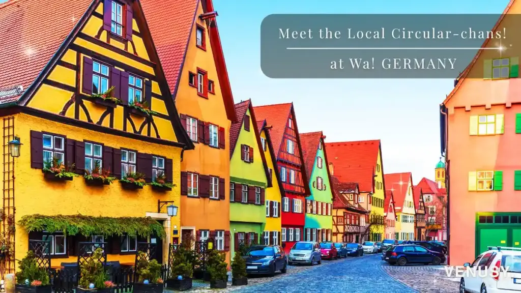 大阪・関西万博ドイツ館のご当地風のカラフルな街並みと“Meet the Local Circular-chans! at Wa! GERMANY”の文字入り画像
