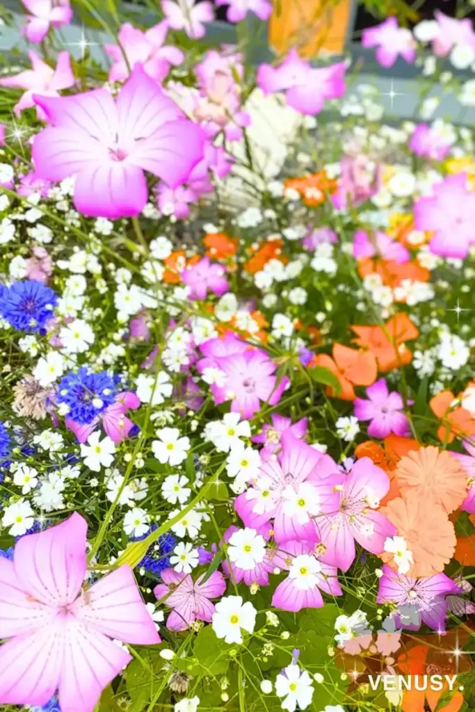大阪・関西万博のドイツ館にあるカラフルで美しいガーデンの花々。紫・白・オレンジ・青の花が咲き誇る様子