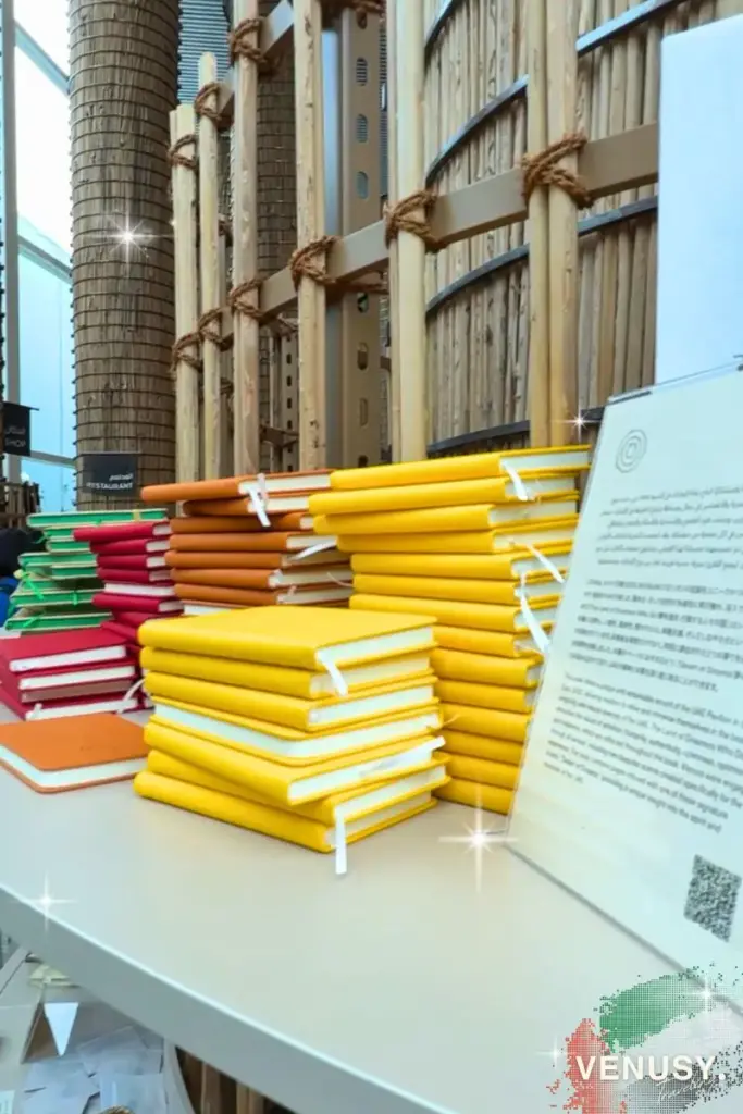 大阪・関西万博 UAE館｜UAEパビリオンで展示されていたカラフルなノートが積まれたテーブルの様子。背景には柱の構造も見える。