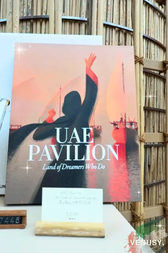 大阪・関西万博 UAE館で見つけた、“UAE PAVILION”と書かれたデザイン性の高い本の表紙。パビリオンの世界観を象徴する印象的なアイテム。
