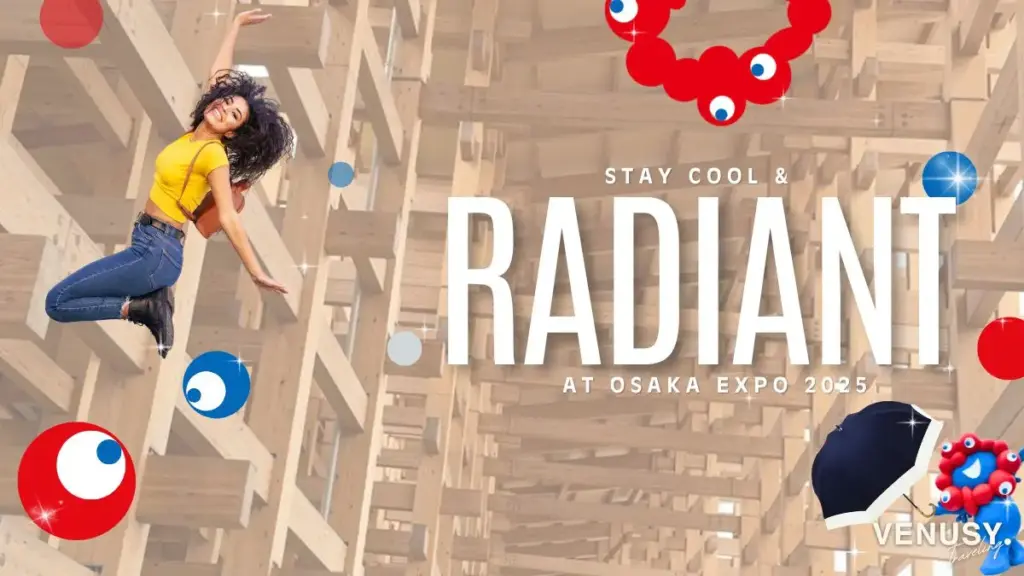大阪万博2025｜ジャンプする女性と「STAY COOL & RADIANT」の文字。暑さ対策しながら楽しむ万博のイメージ