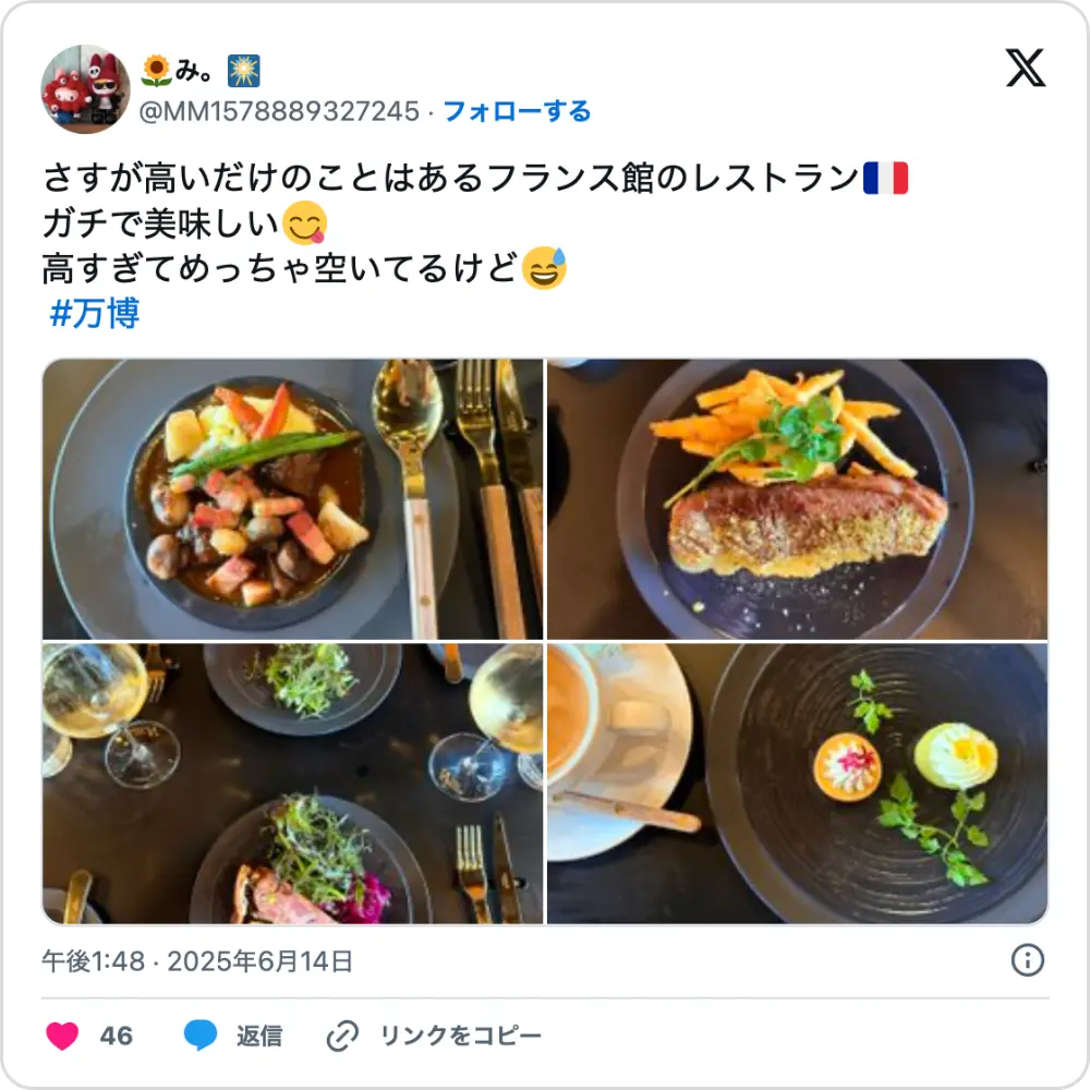 大阪万博フランス館レストランで楽しむ本格フレンチとワインの写真。大阪万博フランス館限定クロワッサンの記事内で紹介するSNS投稿。