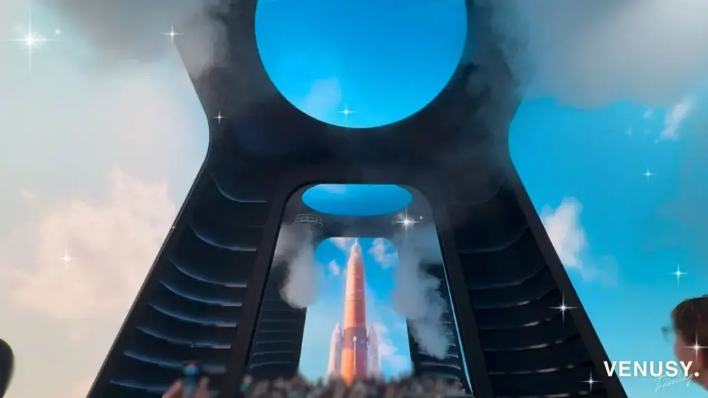 大阪万博アメリカ館でロケットの打ち上げ演出が行われるシーンと来場者の歓声