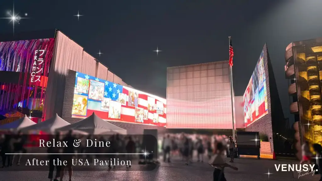 大阪万博アメリカ館英語ツアー待ち時間を短縮した後、アメリカ館夜の外観。