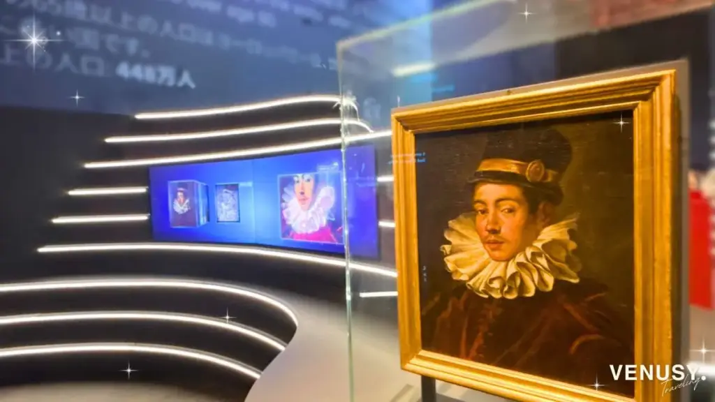 大阪万博イタリア館で展示された伊東マンショの肖像と、最新の絵画解析映像モニター