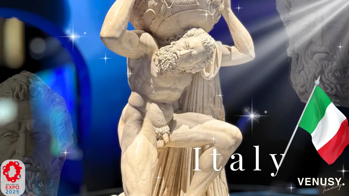 大阪万博イタリア館の作品《ファルネーゼのアトラス像》。日本初公開のローマ時代の名作で、大阪万博イタリア館の展示を代表する重要作品。