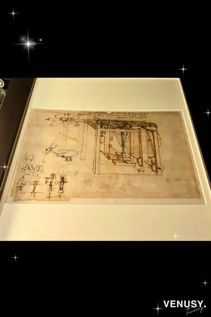 大阪万博イタリア館作品である金箔製造機の構造図が描かれたアトランティック・コードの手稿